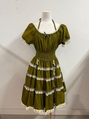 Innocent World M/L Olive Green Lace-Trim Tiered Tulle Dress Cottagecore Coquette